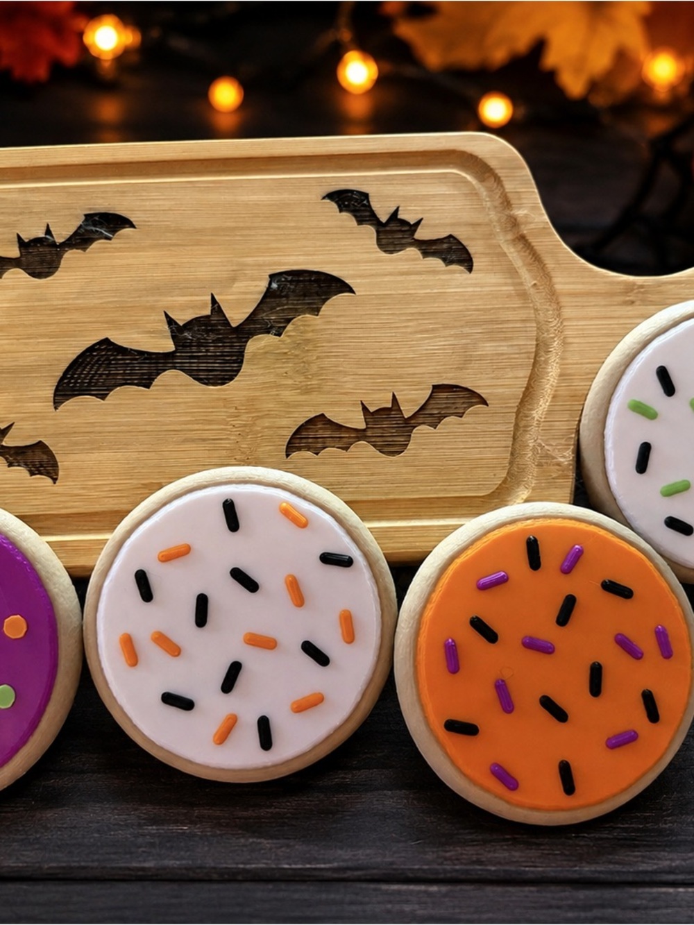3D play food Halloween Sprinkles Round Cookies -on bamboo serving board 
See pic